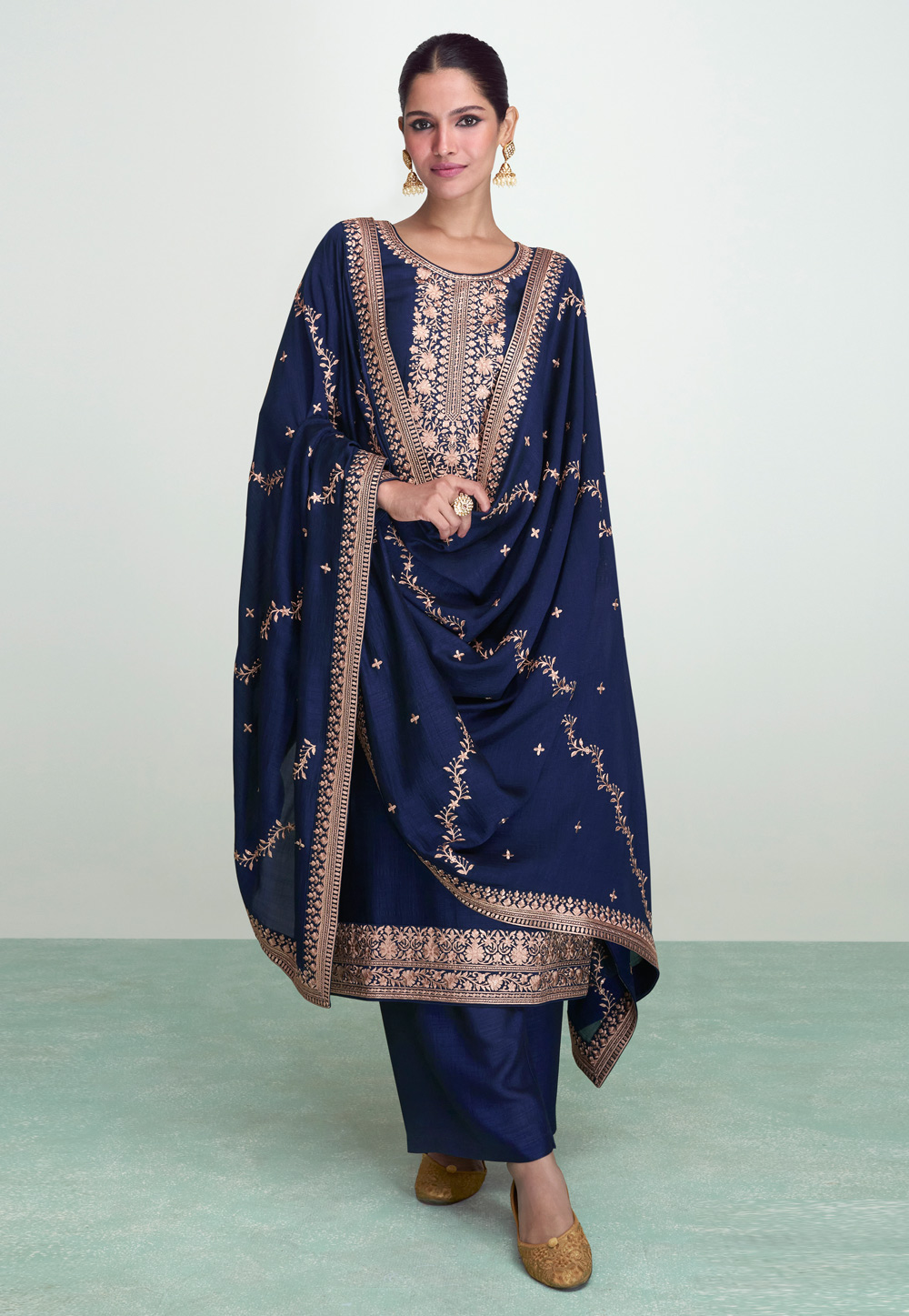 Navy Blue Silk Palazzo Suit 275515