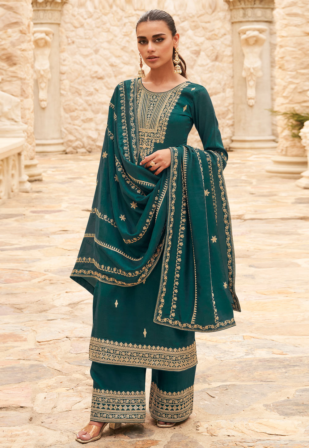 Green Silk Pakistani Palazzo Suit 274717