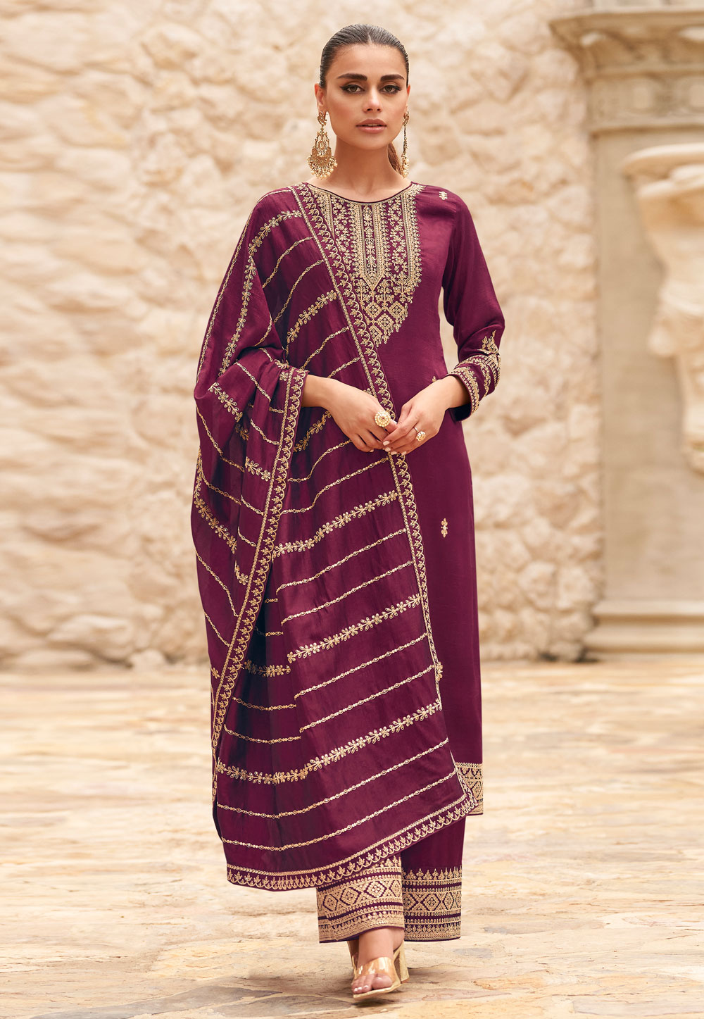 Wine Silk Pakistani Palazzo Suit 274721
