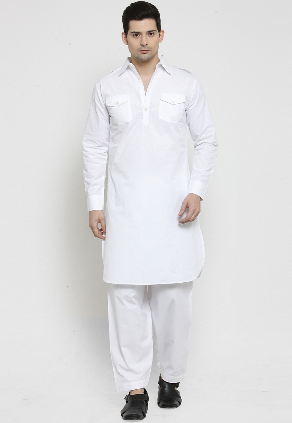 White Cotton Readymade Pathani Suit 206260