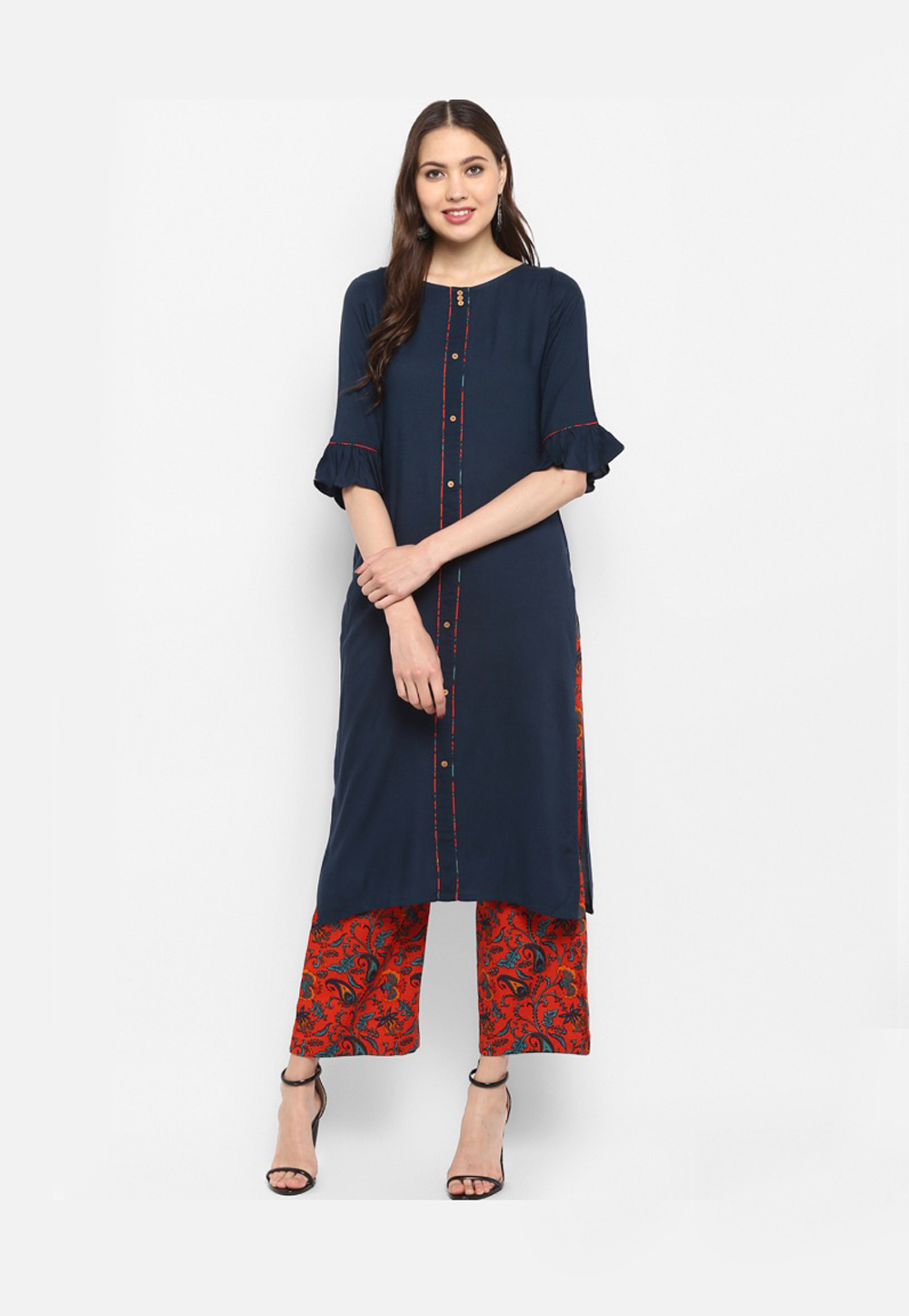 Navy Blue Rayon Readymade Palazzo Suit 203117