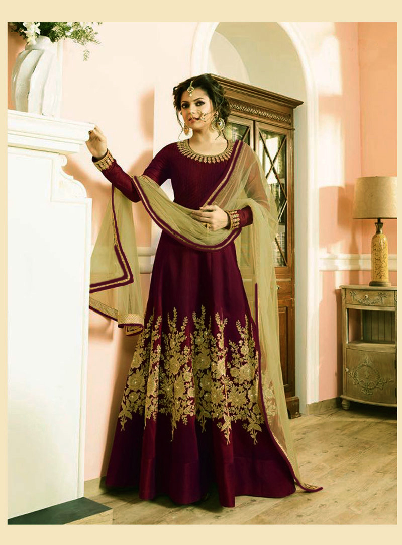 Drashti Dhami Wine Silk Floor Length Anarkali Suit 78526
