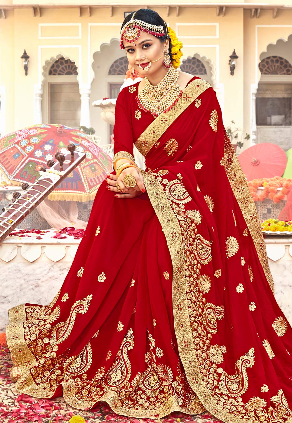 Red Georgette Embroidered Bridal Wear Saree 183855