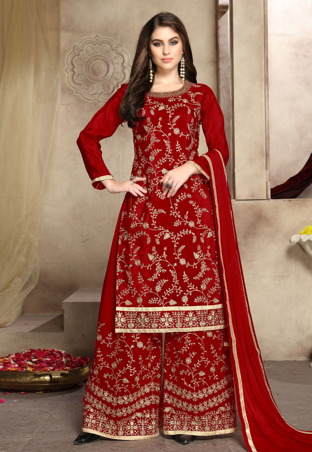Red Silk Kameez With Palazzo 189212
