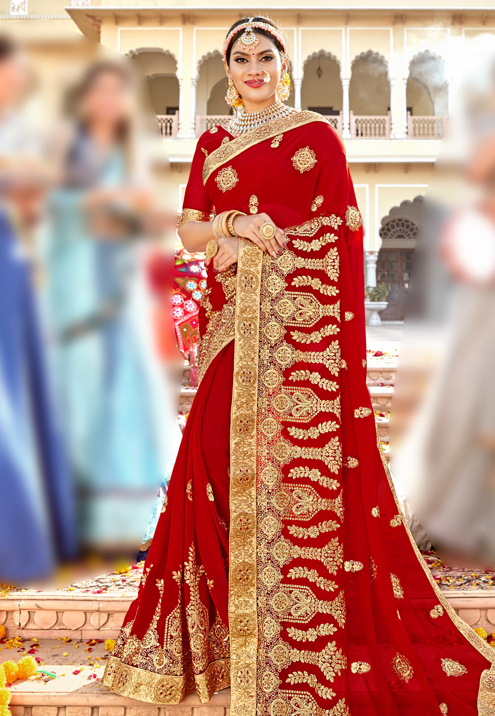 Red Georgette Embroidered Bridal Wear Saree 183858