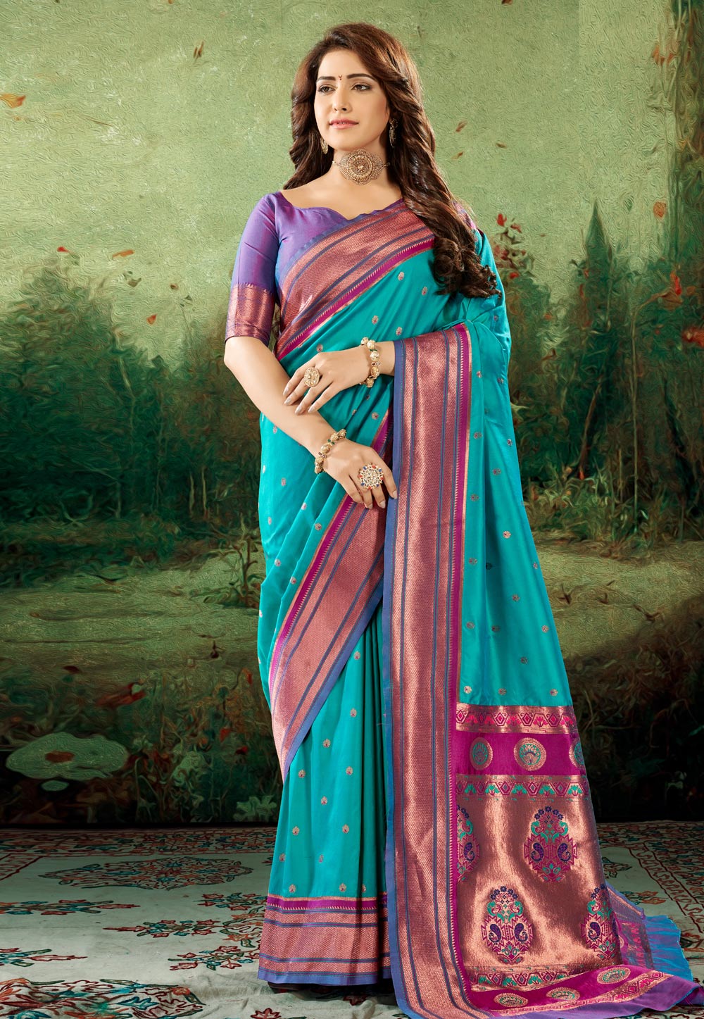 Turquoise Silk Saree With Blouse 264468