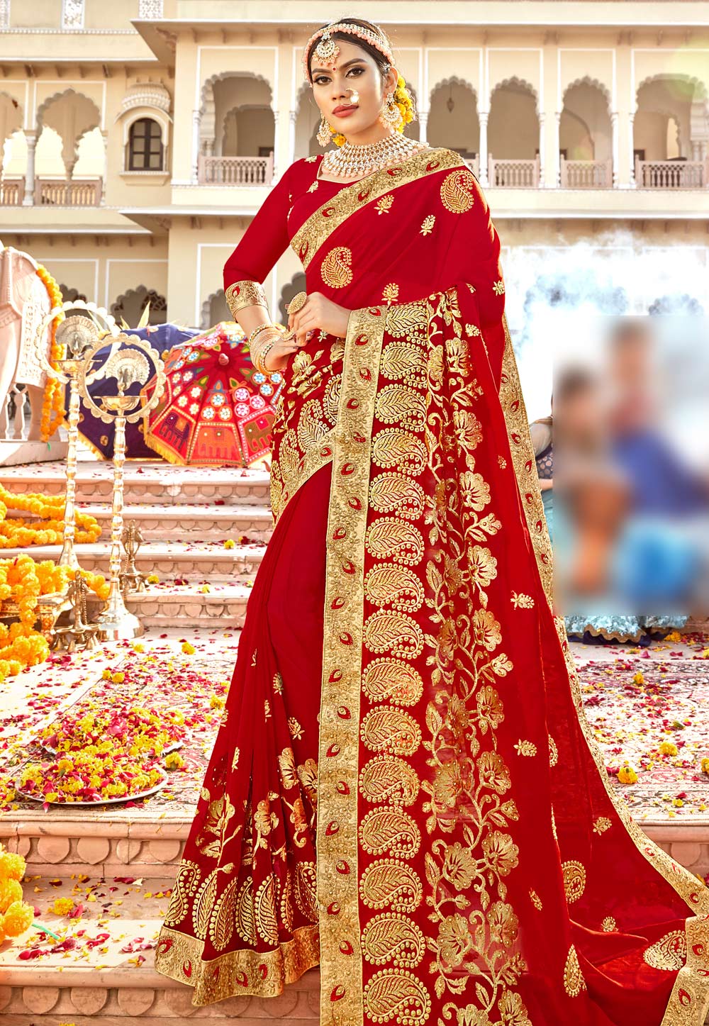 Red Georgette Embroidered Bridal Wear Saree 183859