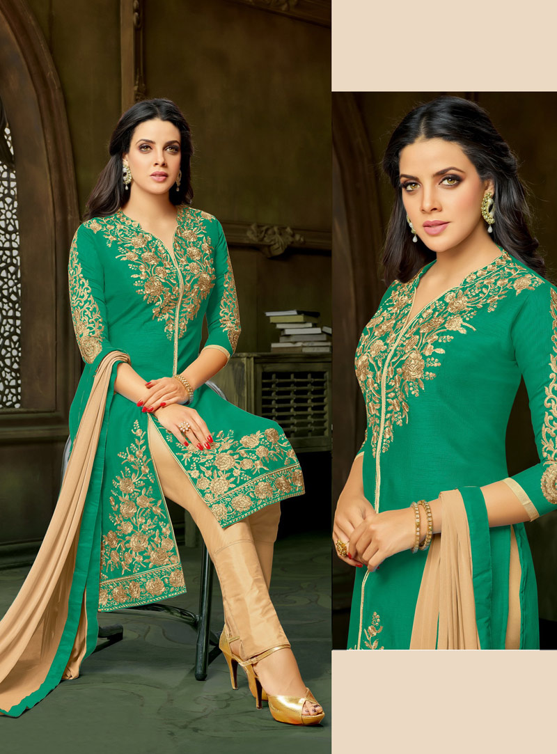 Green Banglori Silk Pakistani Style Suit 97147