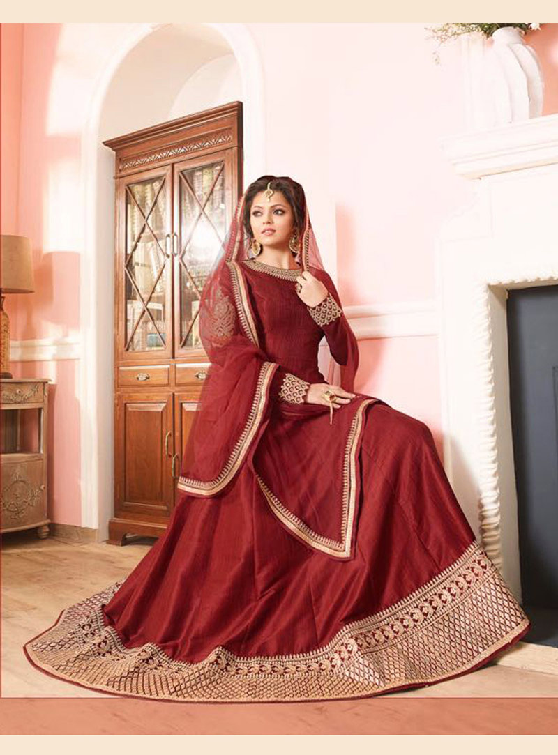Drashti Dhami Maroon Silk Anarkali Suit 78532