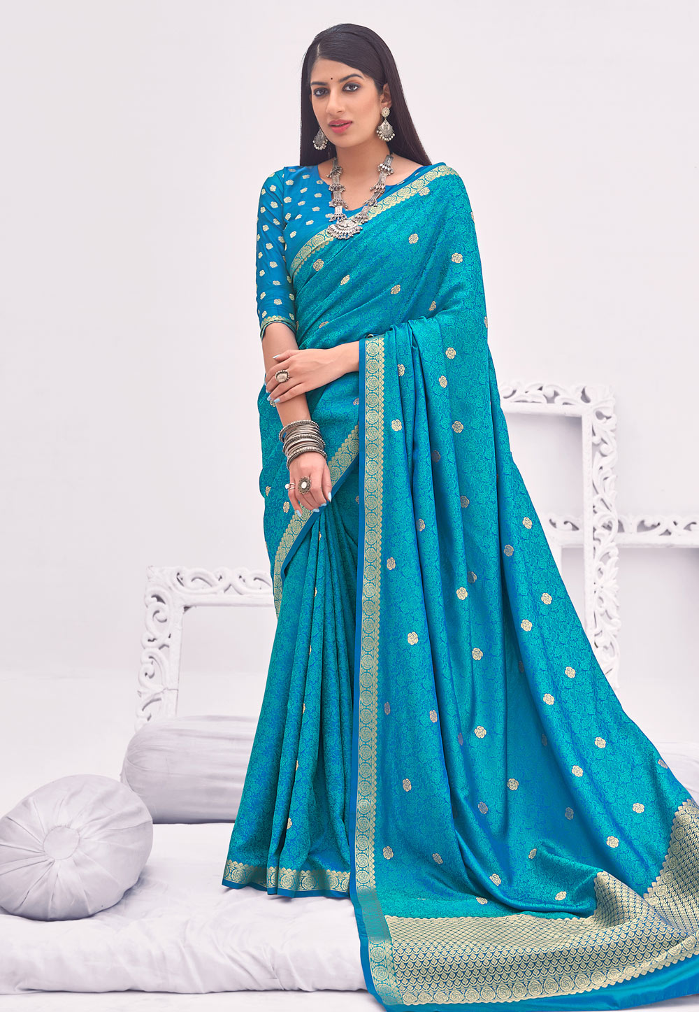 Aqua Banarasi Silk Saree With Blouse 242015