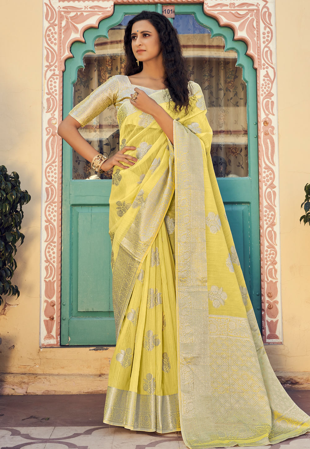Yellow Linen Saree With Blouse 240066