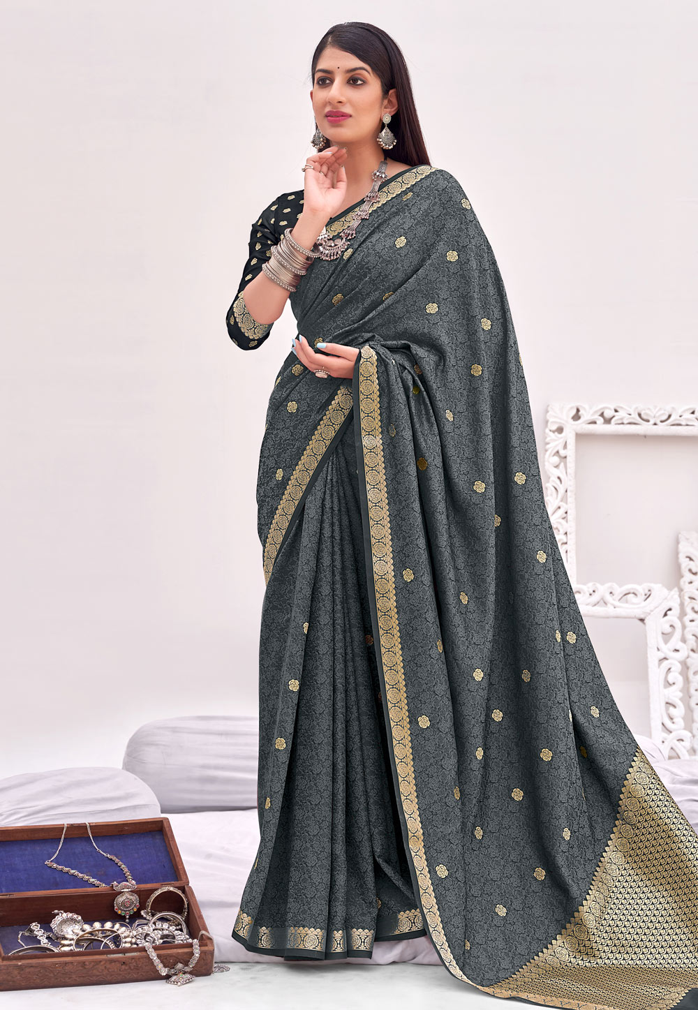 Grey Banarasi Silk Festival Wear Saree 242018