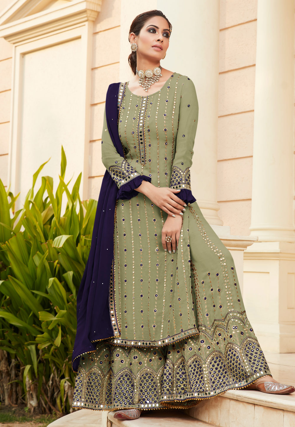 Sea Green Georgette Embroidered Palazzo Suit 228464