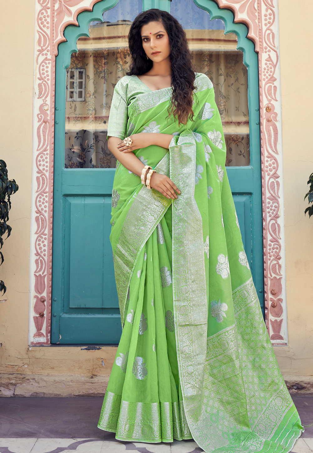 Light Green Linen Festival Wear Saree 240071