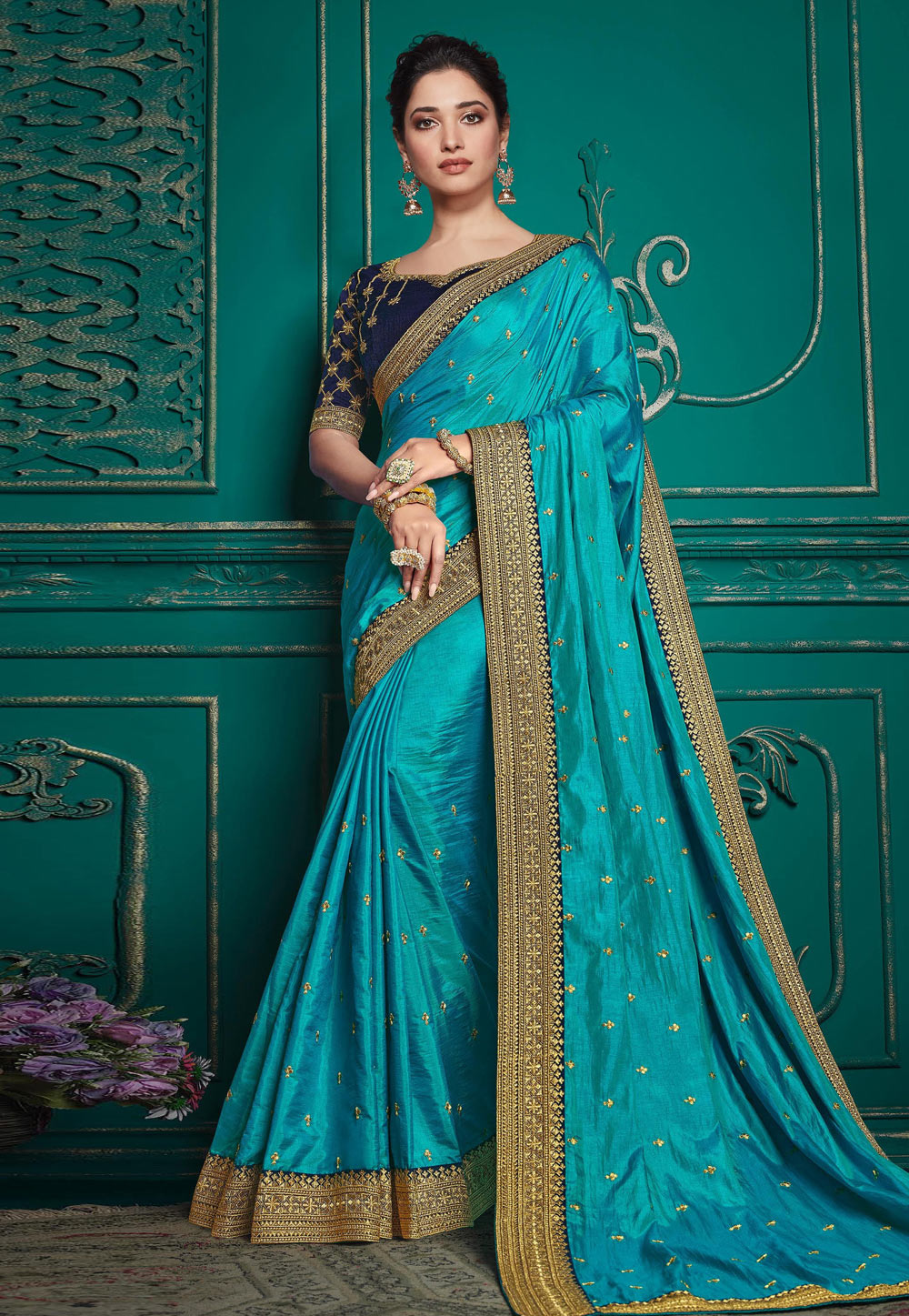 Tamannaah Bhatia Turquoise Silk Bollywood Saree 248439