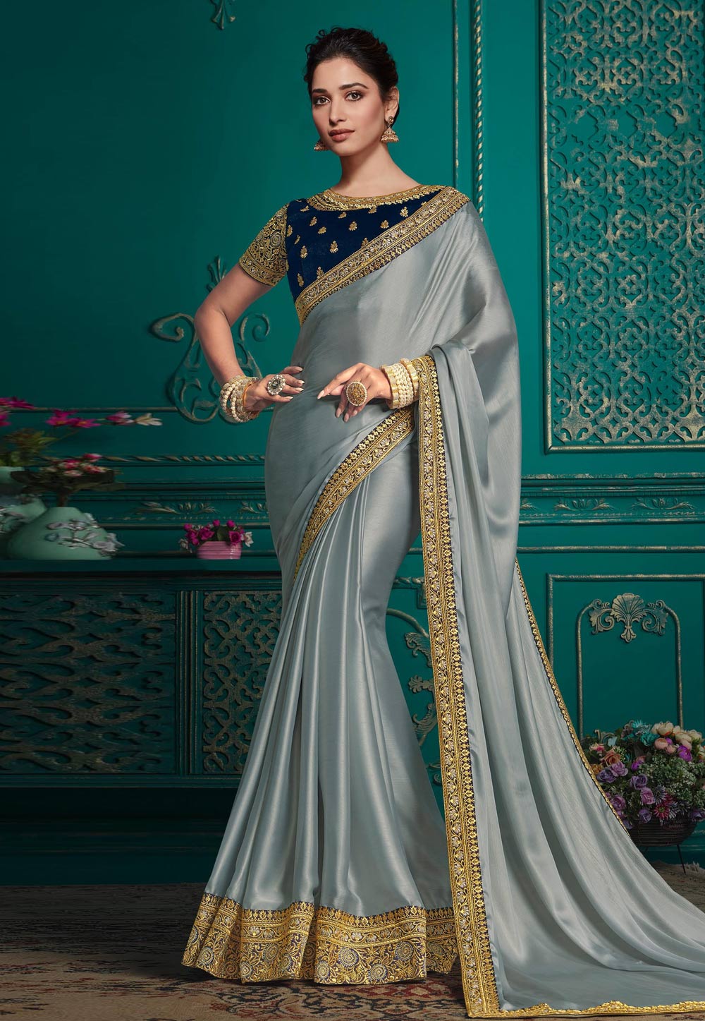 Tamannaah Bhatia Grey Silk Bollywood Saree 248445
