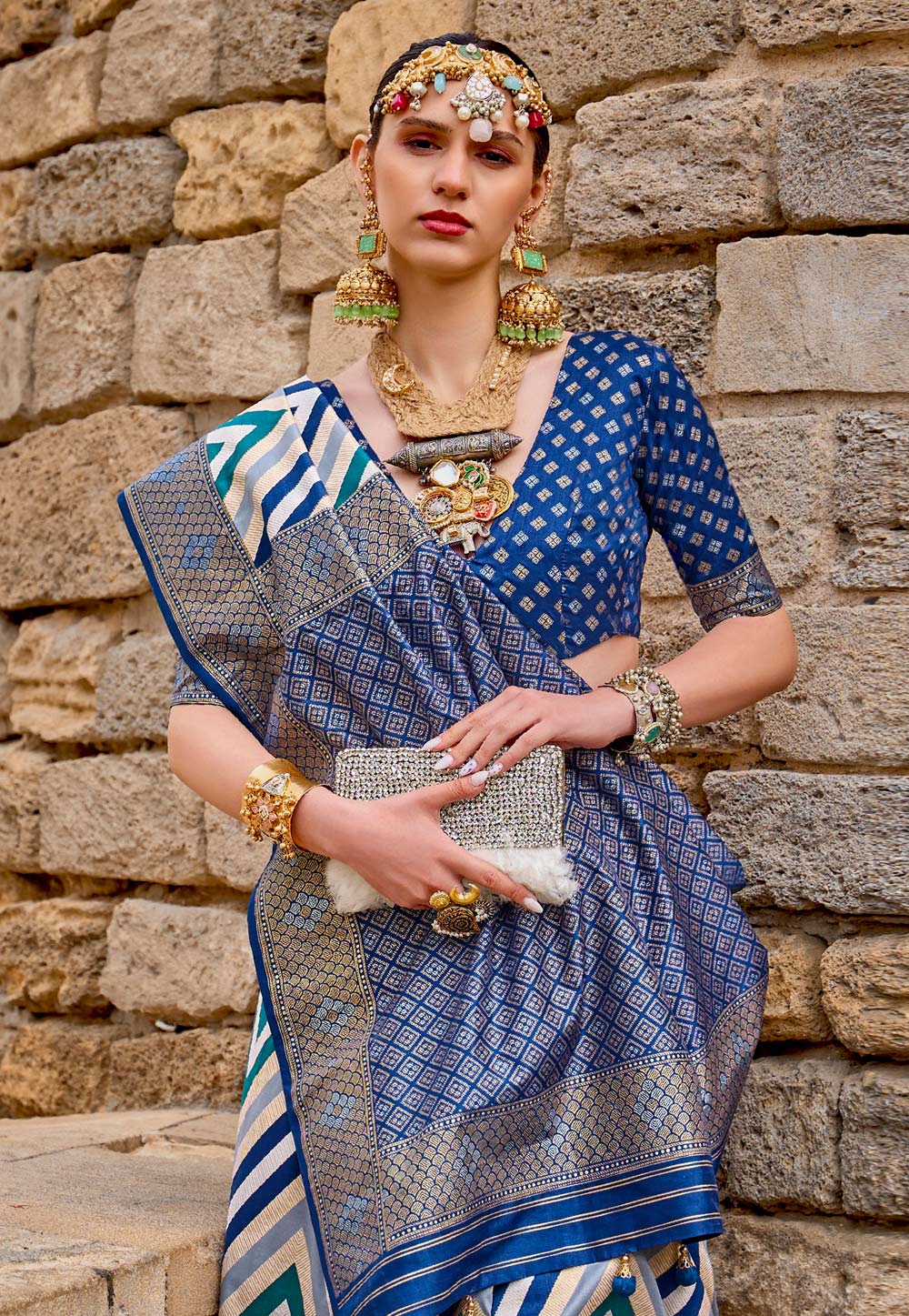 Ethnic Junctions Blue Soft Banarasi Silk Saree with Golden Zari Weavin