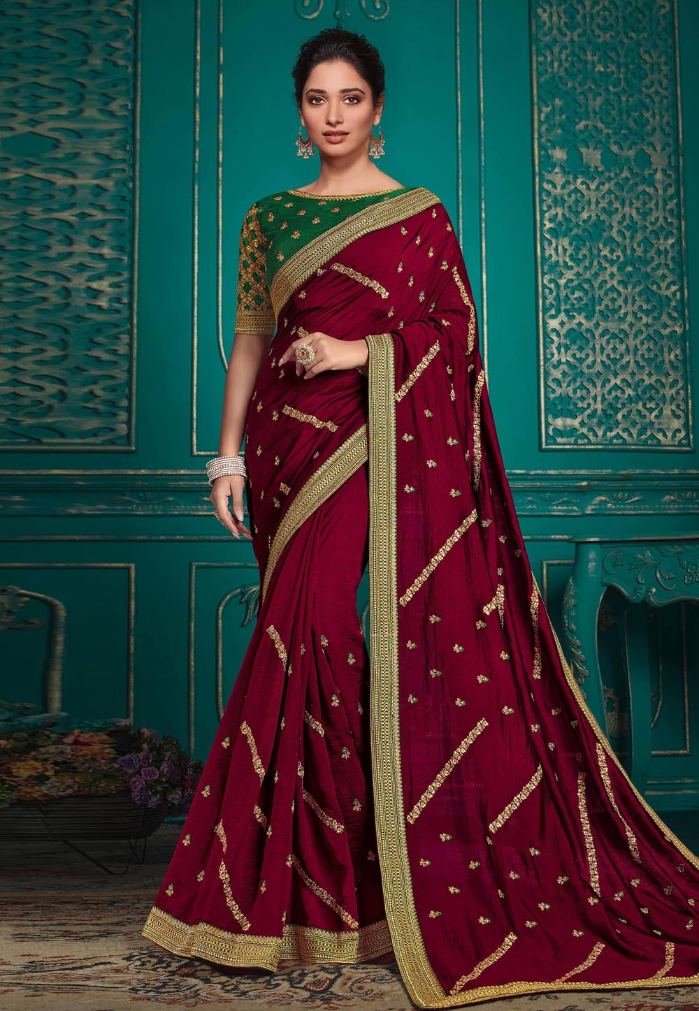Tamannaah Bhatia Maroon Silk Bollywood Saree 248447