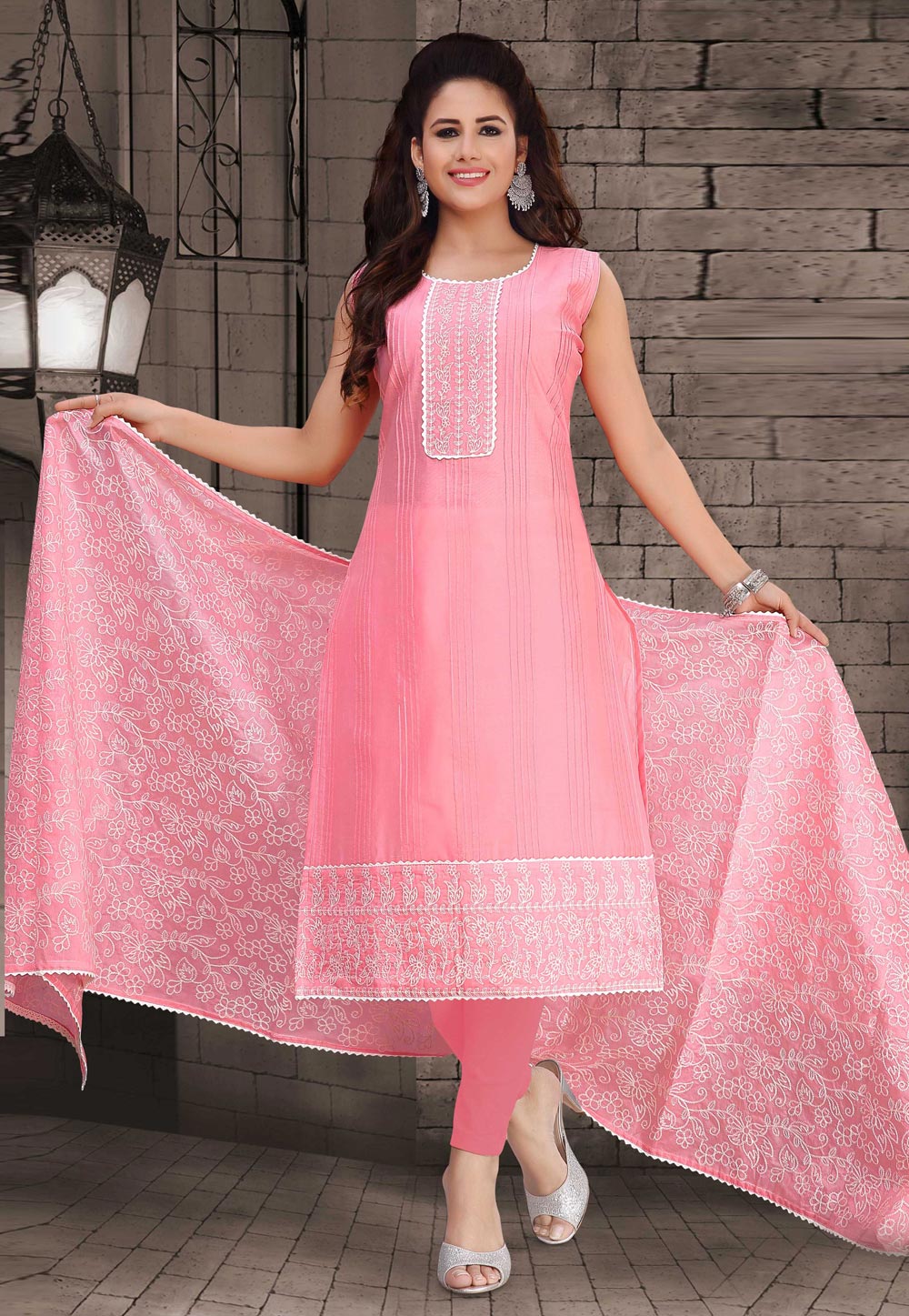 Pink Chanderi Silk Readymade Churidar Suit 203711