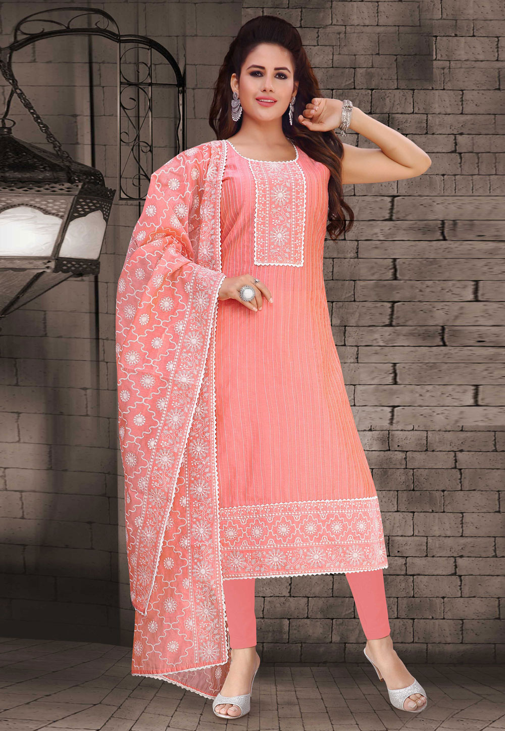 Pink Chanderi Silk Readymade Churidar Suit 203715