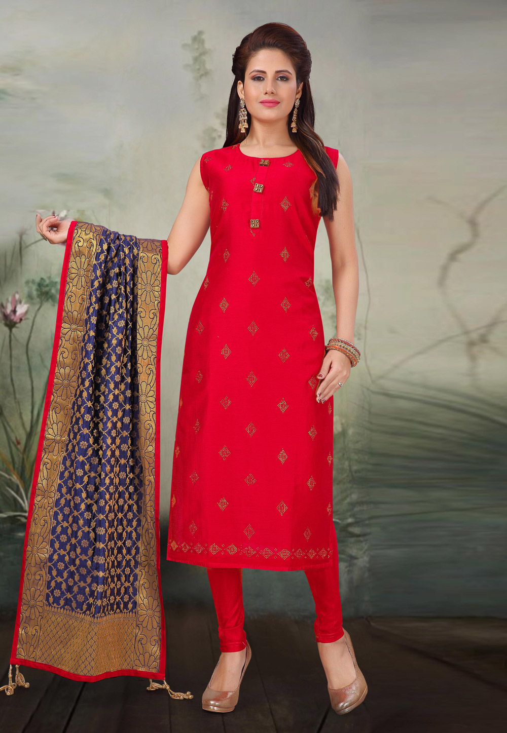 Red Chanderi Silk Readymade Churidar Salwar Suit 203722
