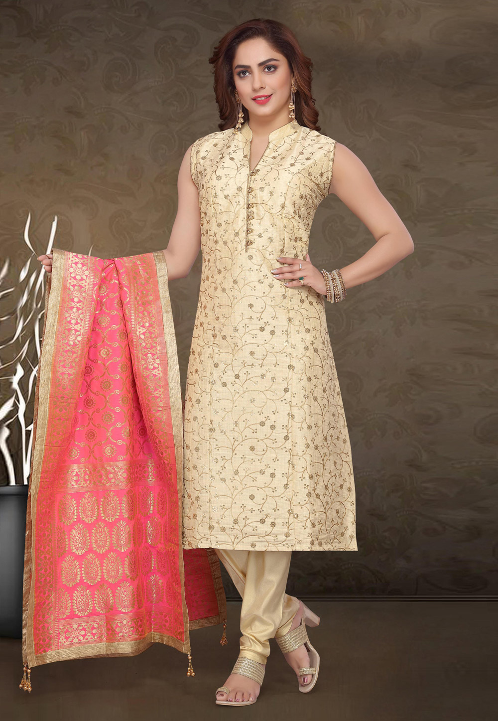Golden Bhagalpuri Silk Readymade Churidar Suit 203740