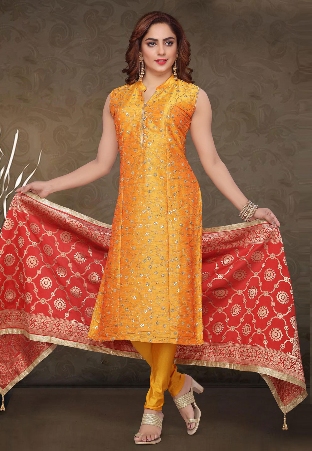 Orange Bhagalpuri Silk Readymade Churidar Suit 203741