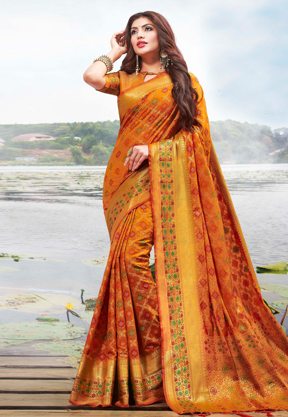 Orange Jacquard Silk Saree With Blouse 203597