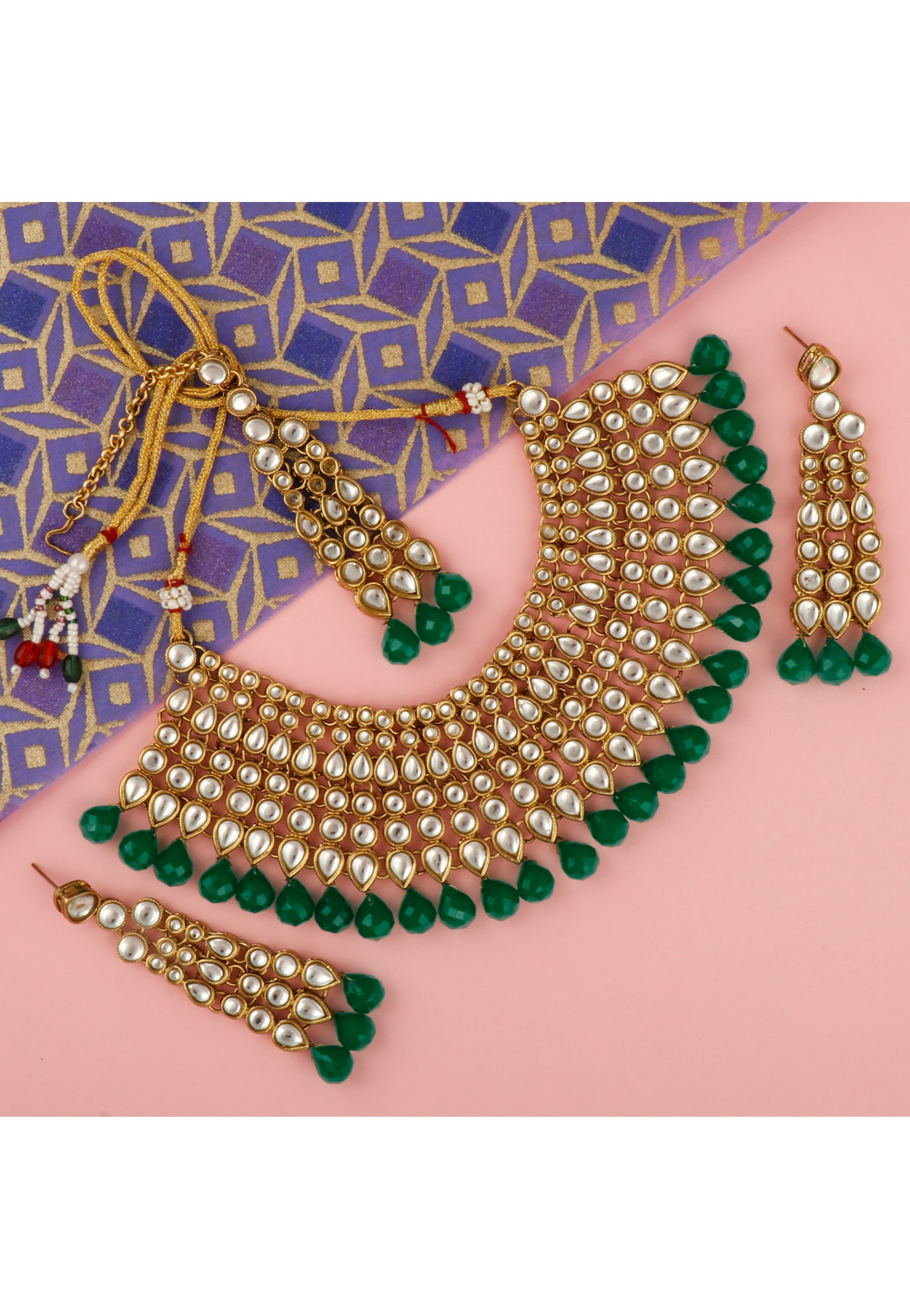 Green Alloy Necklace Set With Earrings and Maang Tikka 216404
