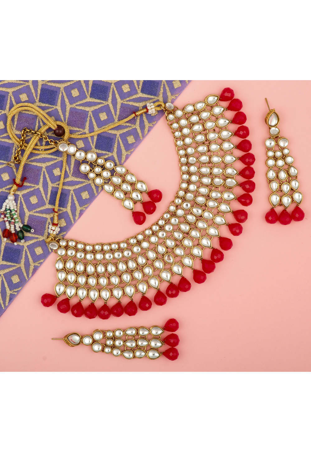 Maroon Alloy Necklace Set With Earrings and Maang Tikka 216406