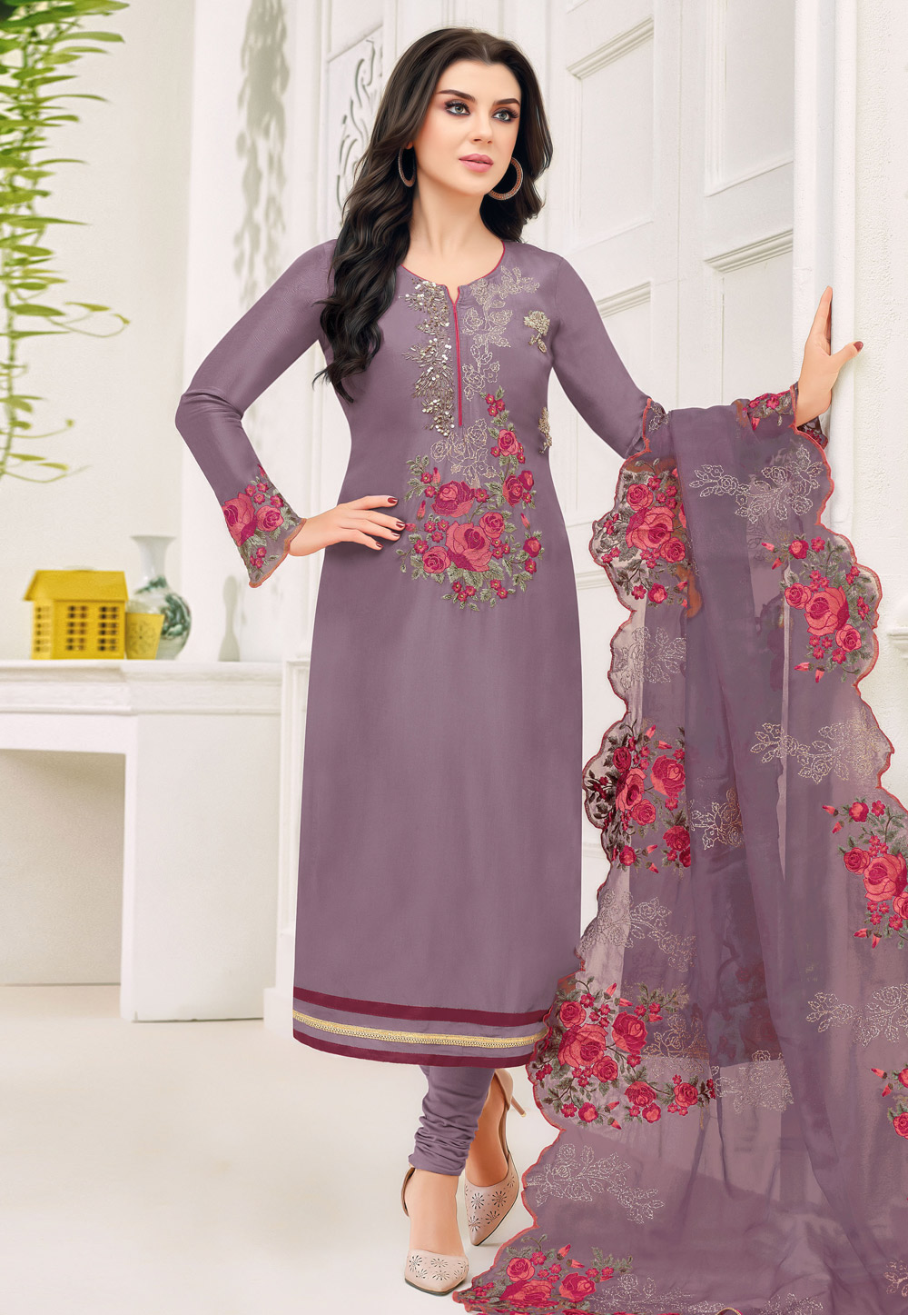 Purple Upada Silk Churidar Salwar Kameez 203809