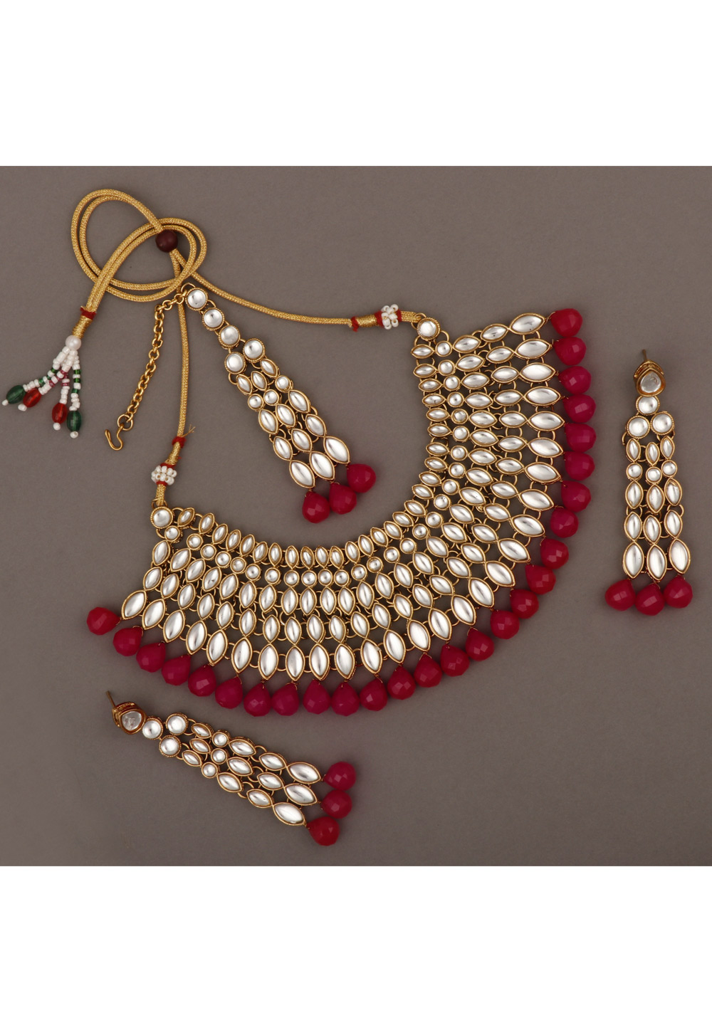 Maroon Alloy Necklace Set With Earrings and Maang Tikka 216410