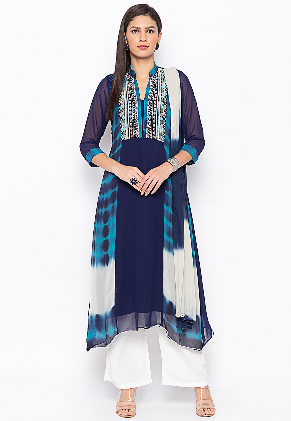 Navy Blue Georgette Readymade Kameez With Palazzo 203951