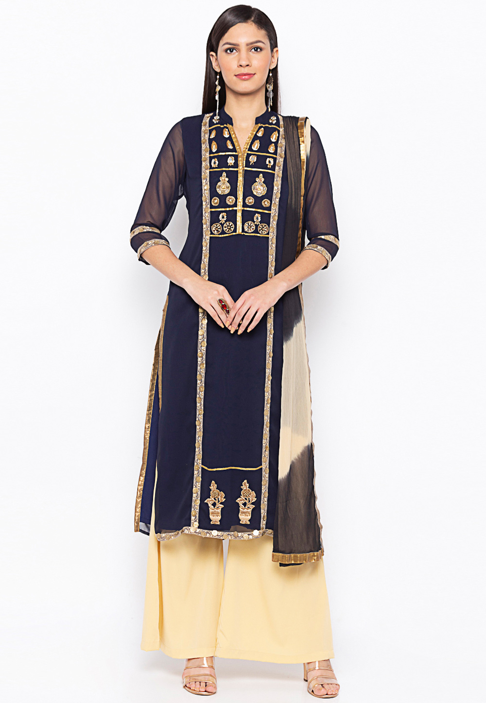 Navy Blue Georgette Readymade Palazzo Suit 203952