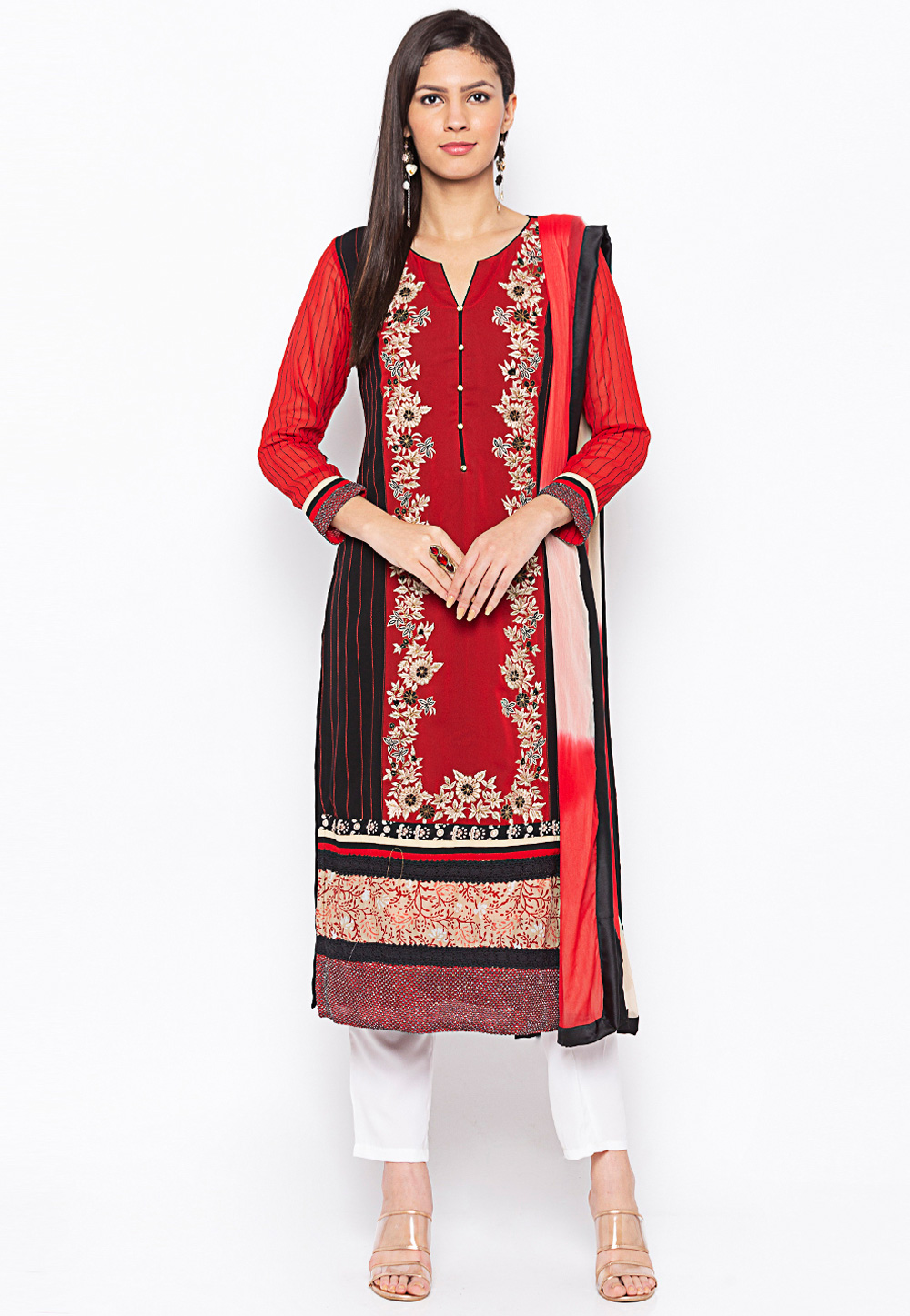 Red Georgette Readymade Pant Style Suit 203953