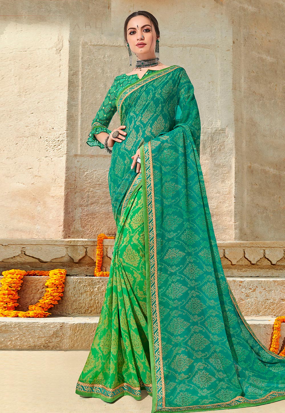 Green Georgette Bandhej Saree With Blouse 203876