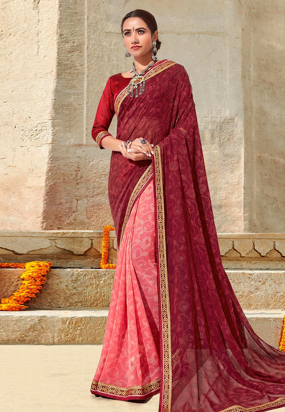 Wine Georgette Bandhej Saree With Blouse 203880