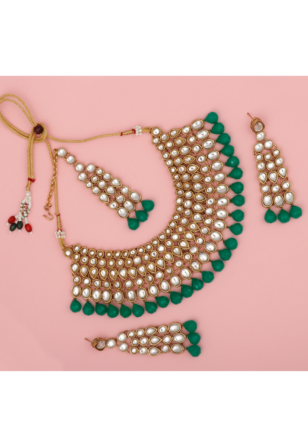 Green Alloy Necklace Set With Earrings and Maang Tikka 216416