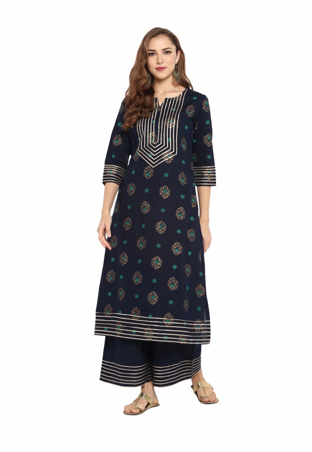 Navy Blue Pure Cotton Readymade Palazzo Suit 203126
