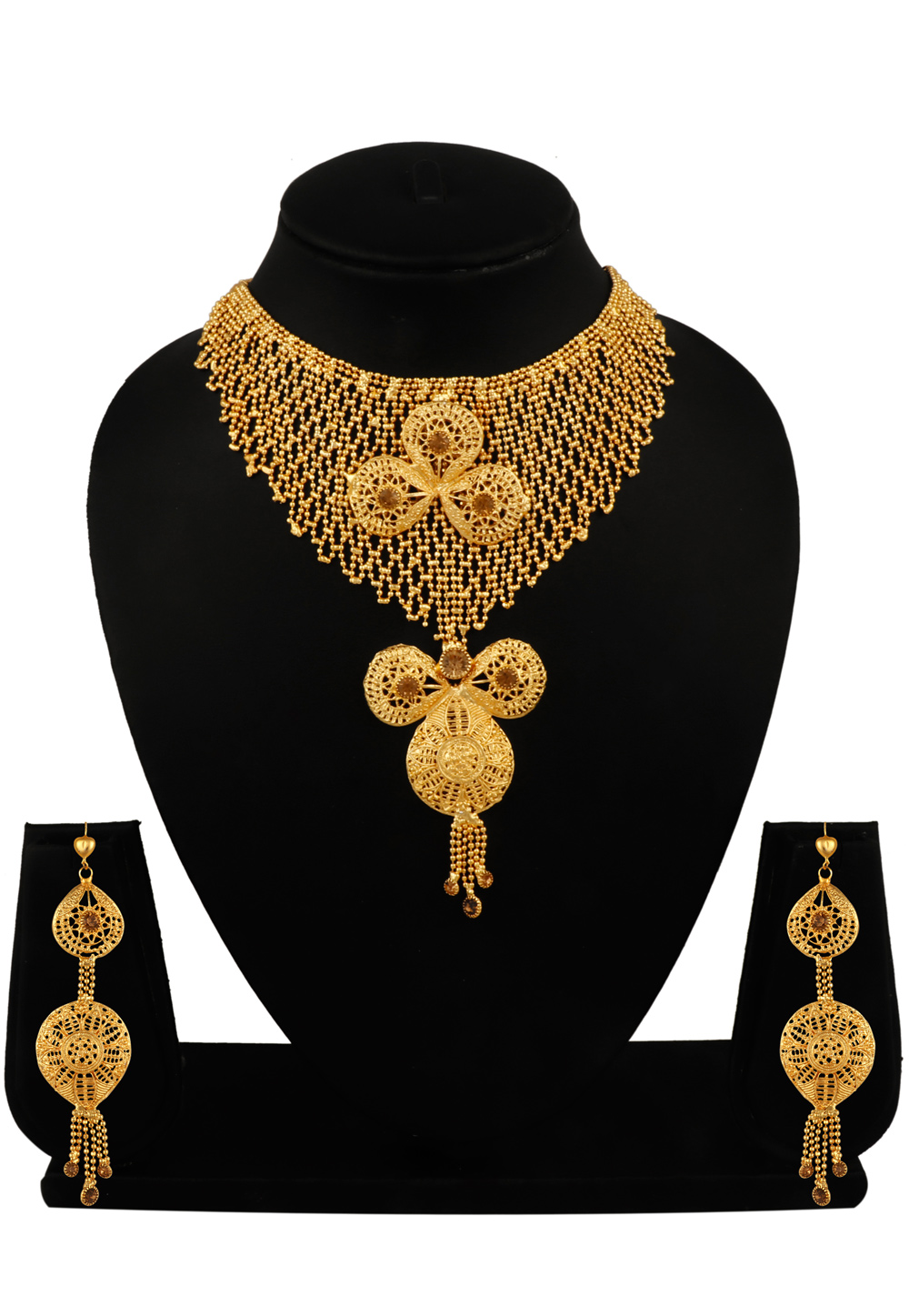 Golden Alloy Necklace Set With Earrings 216418