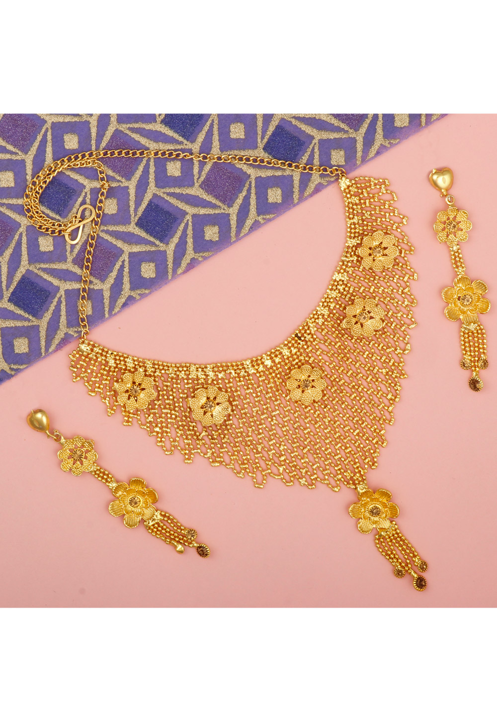 Golden Alloy Necklace Set With Earrings 216419