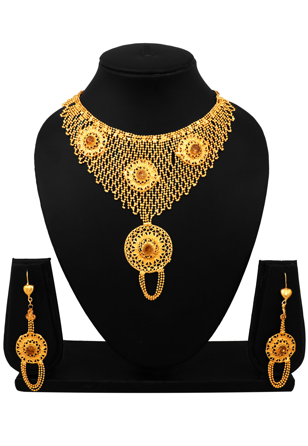 Golden Alloy Necklace Set With Earrings 216420