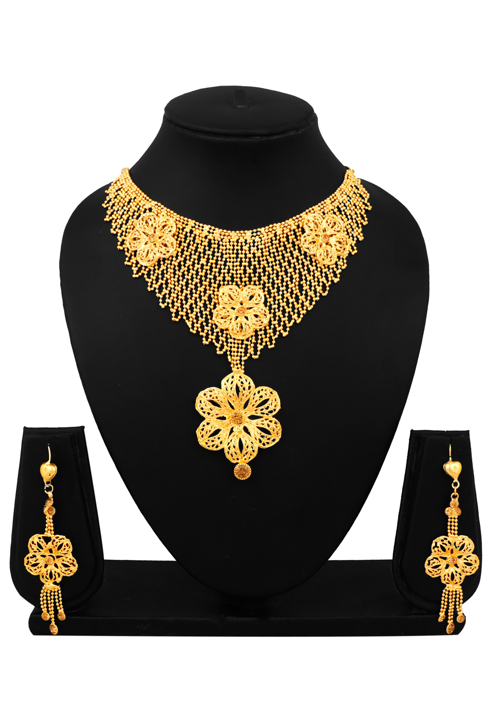 Golden Alloy Necklace Set With Earrings 216421