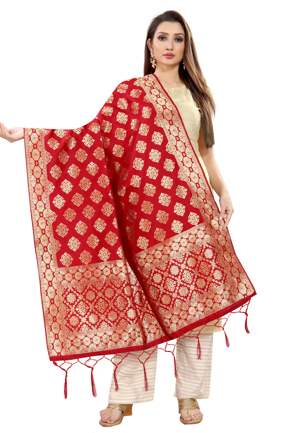Red Banarasi Silk Dupatta 202307