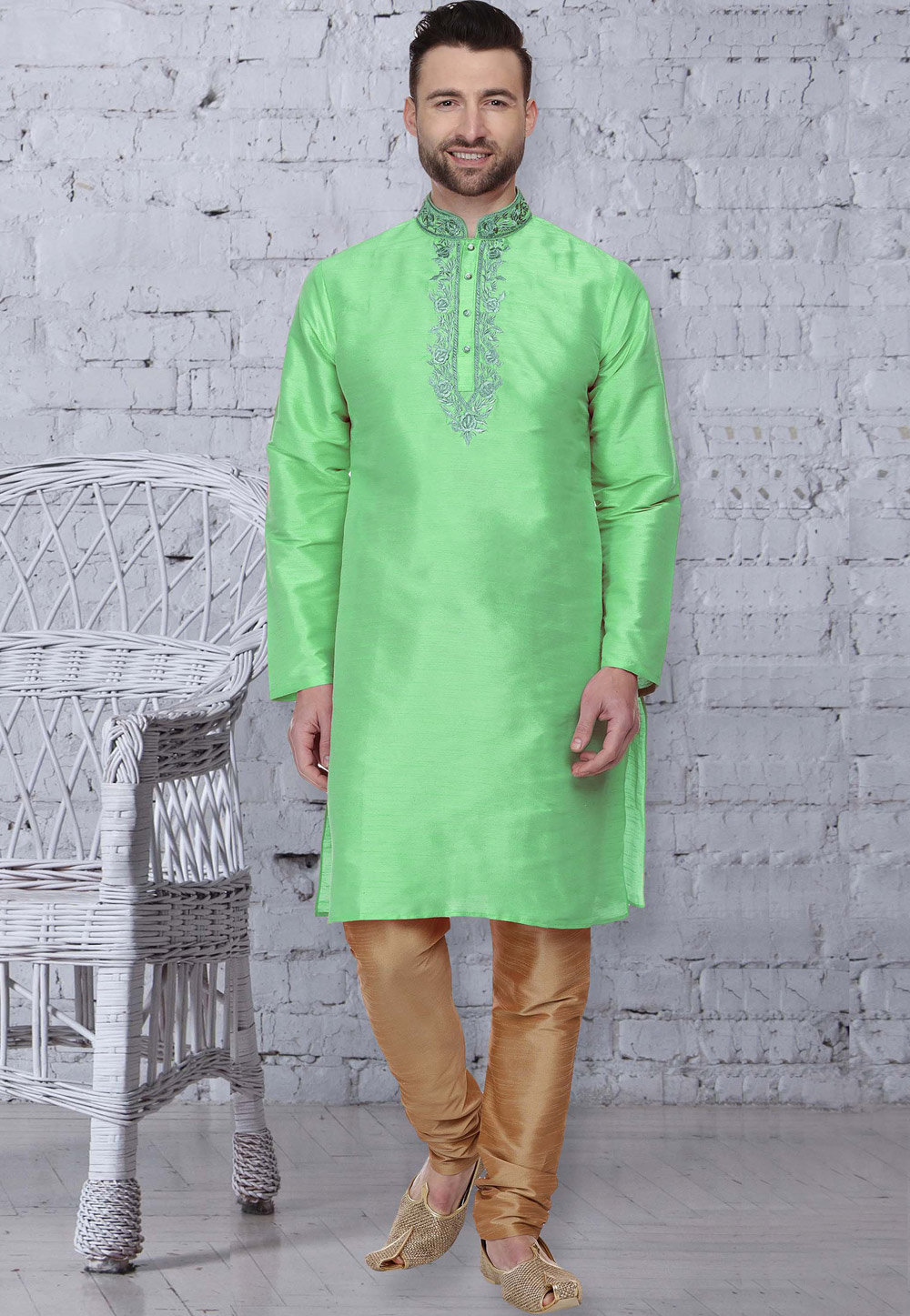 Green Dupion Silk Readymade Kurta Pajama 207545
