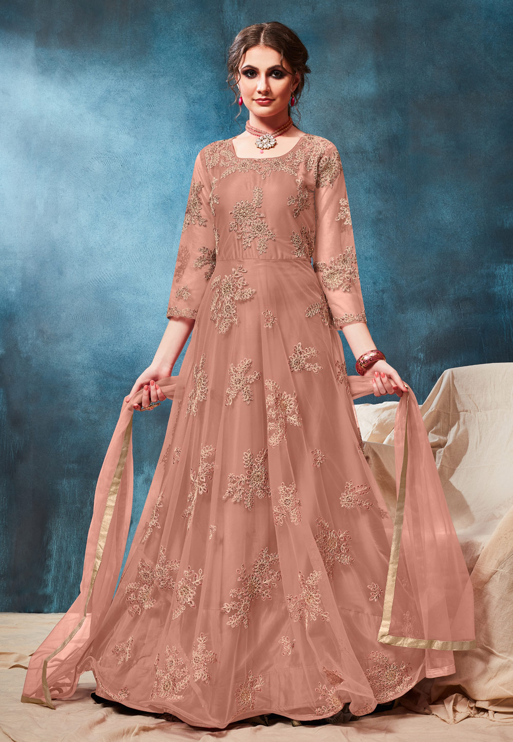 Peach Net Embroidered Abaya Style Anarkali Suit 190772