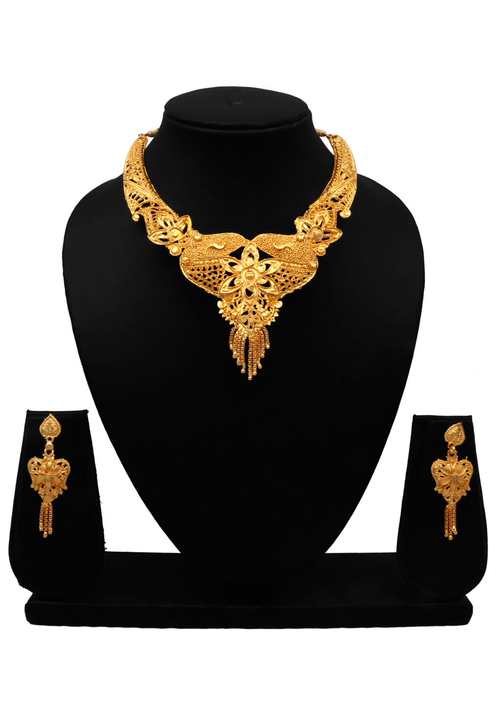 Golden Alloy Necklace Set With Earrings 216423