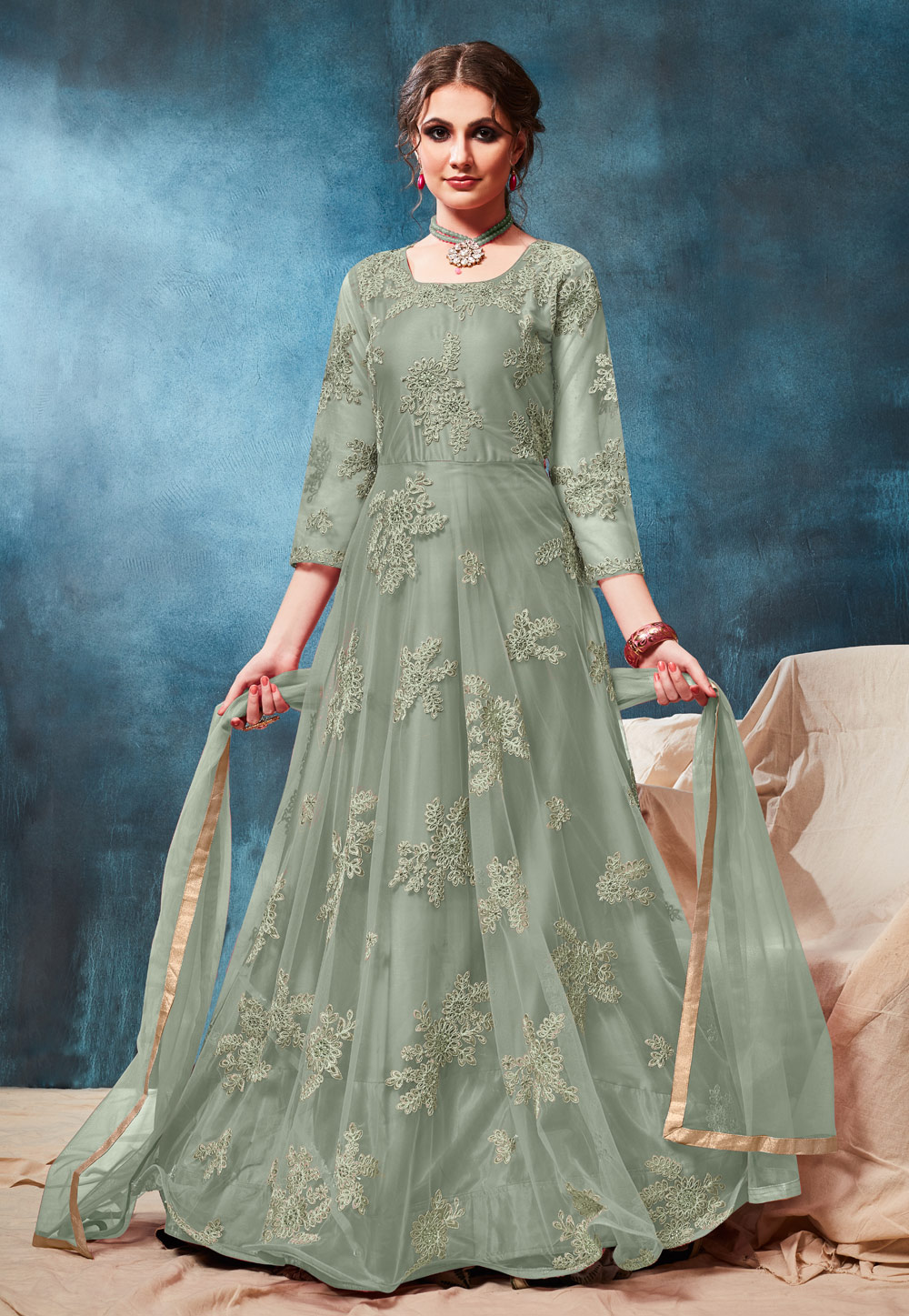 Sea Green Net Embroidered Long Anarkali Suit 190773