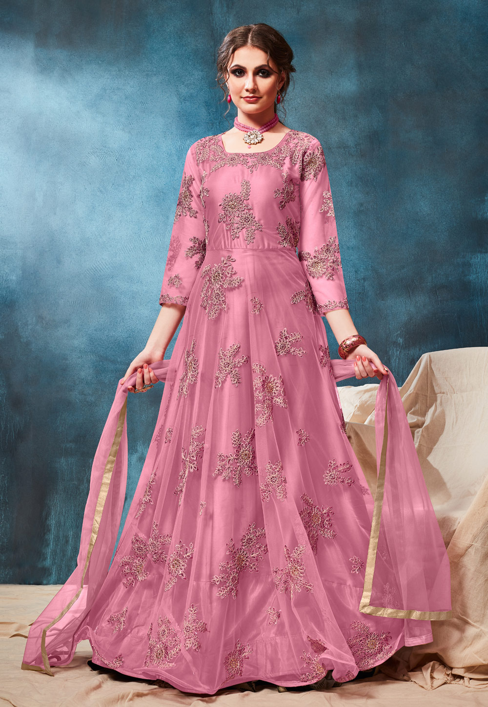 Pink Net Embroidered Long Anarkali Suit 190774