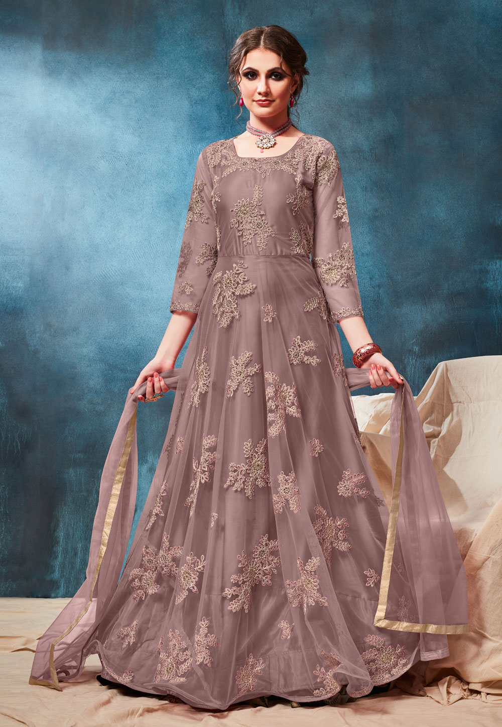 Brown Net Embroidered Long Anarkali Suit 190775